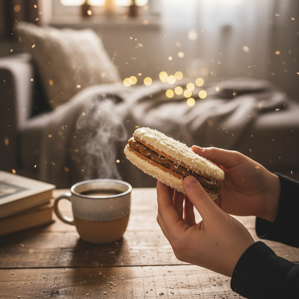 Alfajores premium - lifestyle con café
